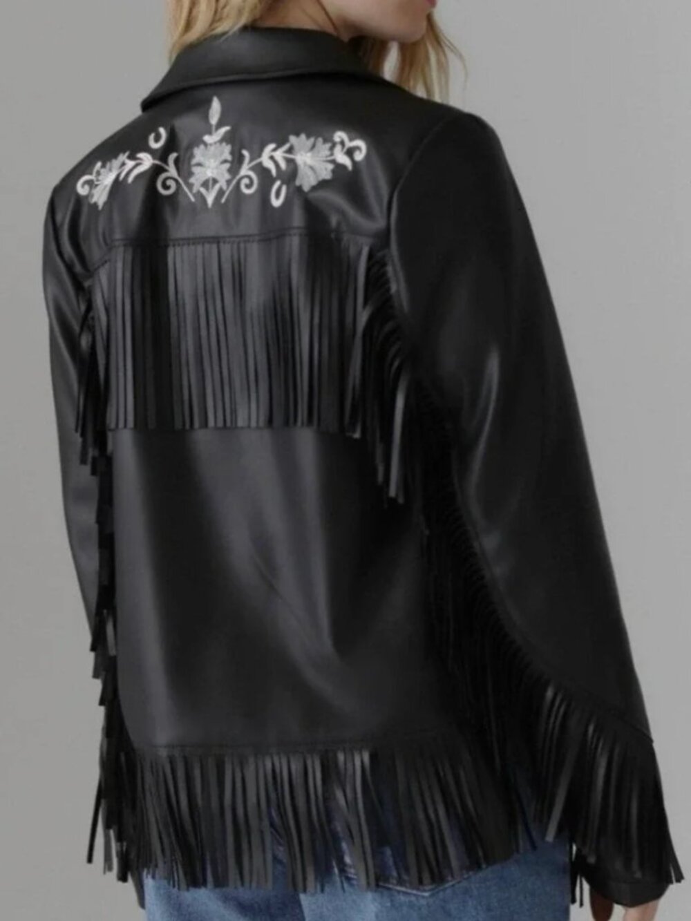 NWOT URBAN OUTFITTERS BLACK FAUX LEATHER FRINGE JACKET WITH EMBROIDERY SMALL